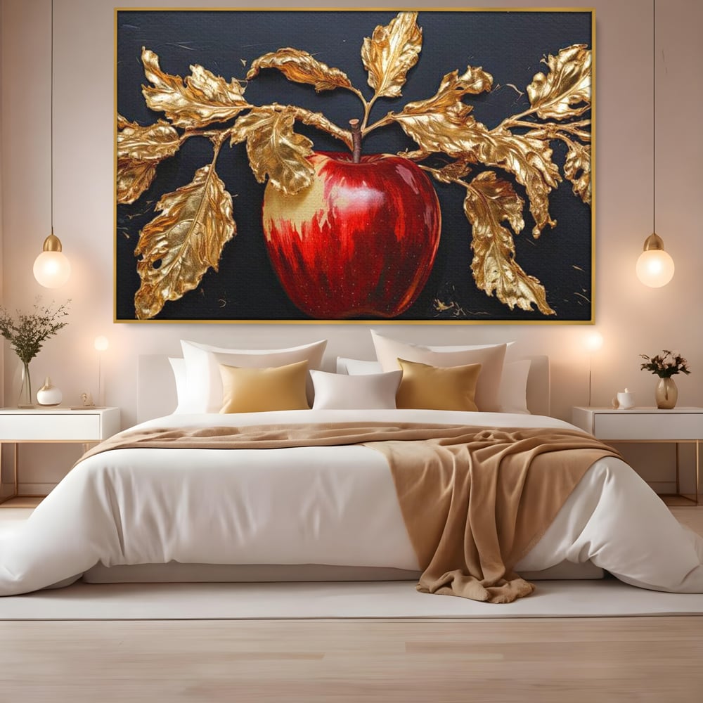 Tablou Canvas Premium, LuxCanva® N1016, Fructul Regal, Mar Rosu, Frunze, Auriu, Fructe, Rod, Lux, Prospetime, Sanatate, Toamna, Restaurant, Bucatarie