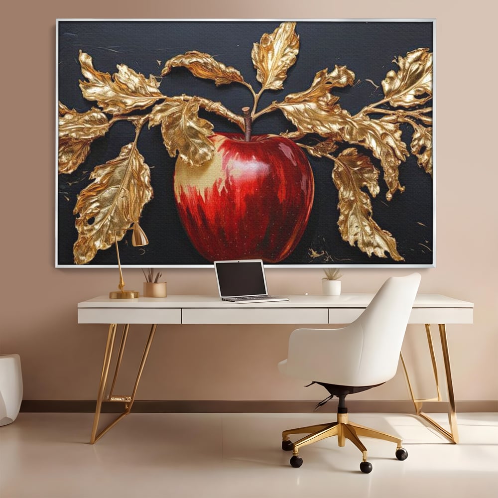 Tablou Canvas Premium, LuxCanva® N1016, Fructul Regal, Mar Rosu, Frunze, Auriu, Fructe, Rod, Lux, Prospetime, Sanatate, Toamna, Restaurant, Bucatarie