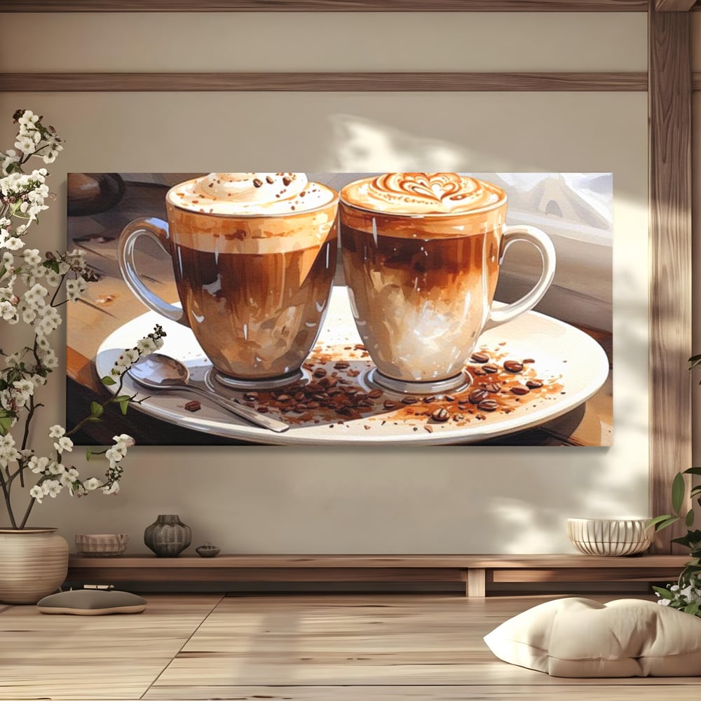 Tablou Canvas Premium, LuxCanva® N1017, Note Dulci-Amarui, Cafea, Cesti, Mocha, Lingurita, Frisca, Spuma, Cappuccino, Aroma, Barista, Cafenea, Pub, Lounge, Bar, Restaurant, Bucatarie