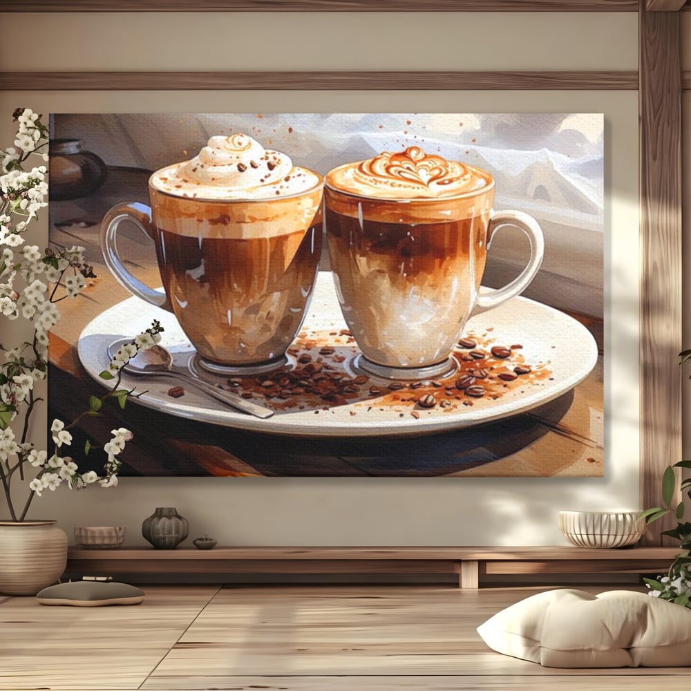 Tablou Canvas Premium, LuxCanva® N1017, Note Dulci-Amarui, Cafea, Cesti, Mocha, Lingurita, Frisca, Spuma, Cappuccino, Aroma, Barista, Cafenea, Pub, Lounge, Bar, Restaurant, Bucatarie