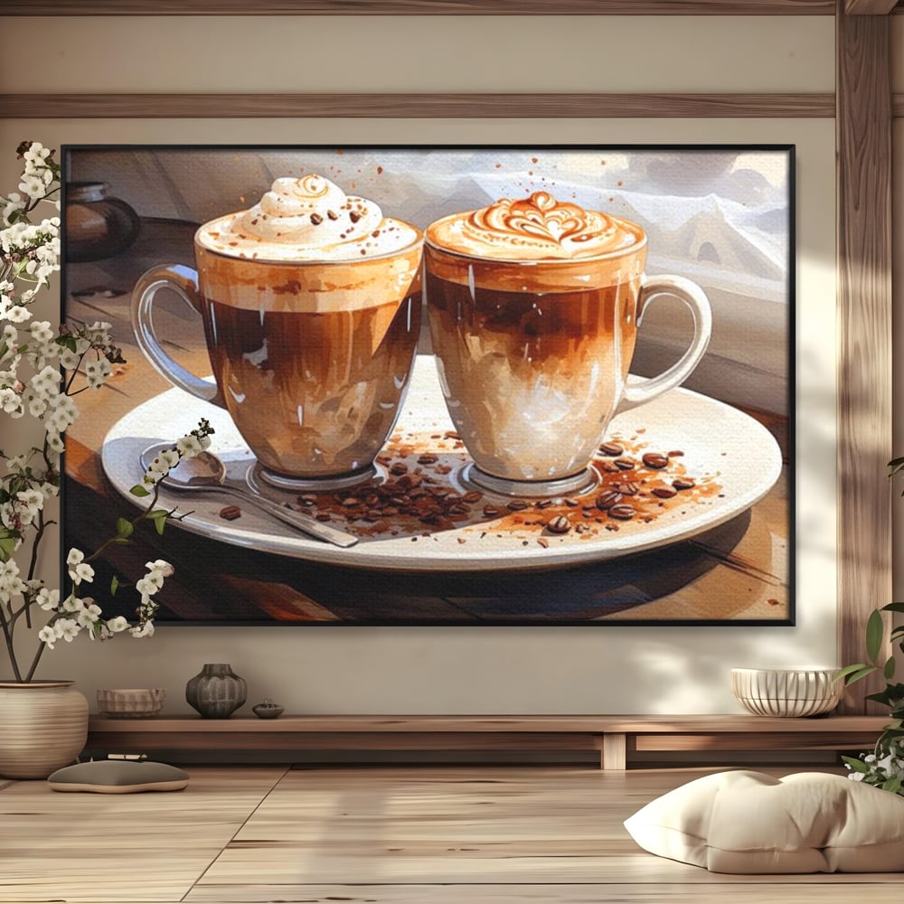 Tablou Canvas Premium, LuxCanva® N1017, Note Dulci-Amarui, Cafea, Cesti, Mocha, Lingurita, Frisca, Spuma, Cappuccino, Aroma, Barista, Cafenea, Pub, Lounge, Bar, Restaurant, Bucatarie