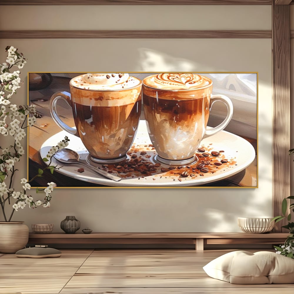 Tablou Canvas Premium, LuxCanva® N1017, Note Dulci-Amarui, Cafea, Cesti, Mocha, Lingurita, Frisca, Spuma, Cappuccino, Aroma, Barista, Cafenea, Pub, Lounge, Bar, Restaurant, Bucatarie