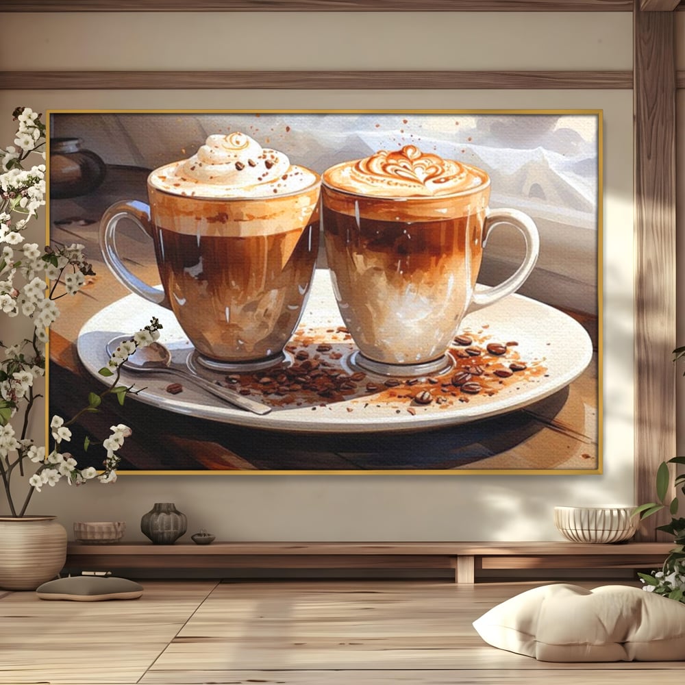 Tablou Canvas Premium, LuxCanva® N1017, Note Dulci-Amarui, Cafea, Cesti, Mocha, Lingurita, Frisca, Spuma, Cappuccino, Aroma, Barista, Cafenea, Pub, Lounge, Bar, Restaurant, Bucatarie