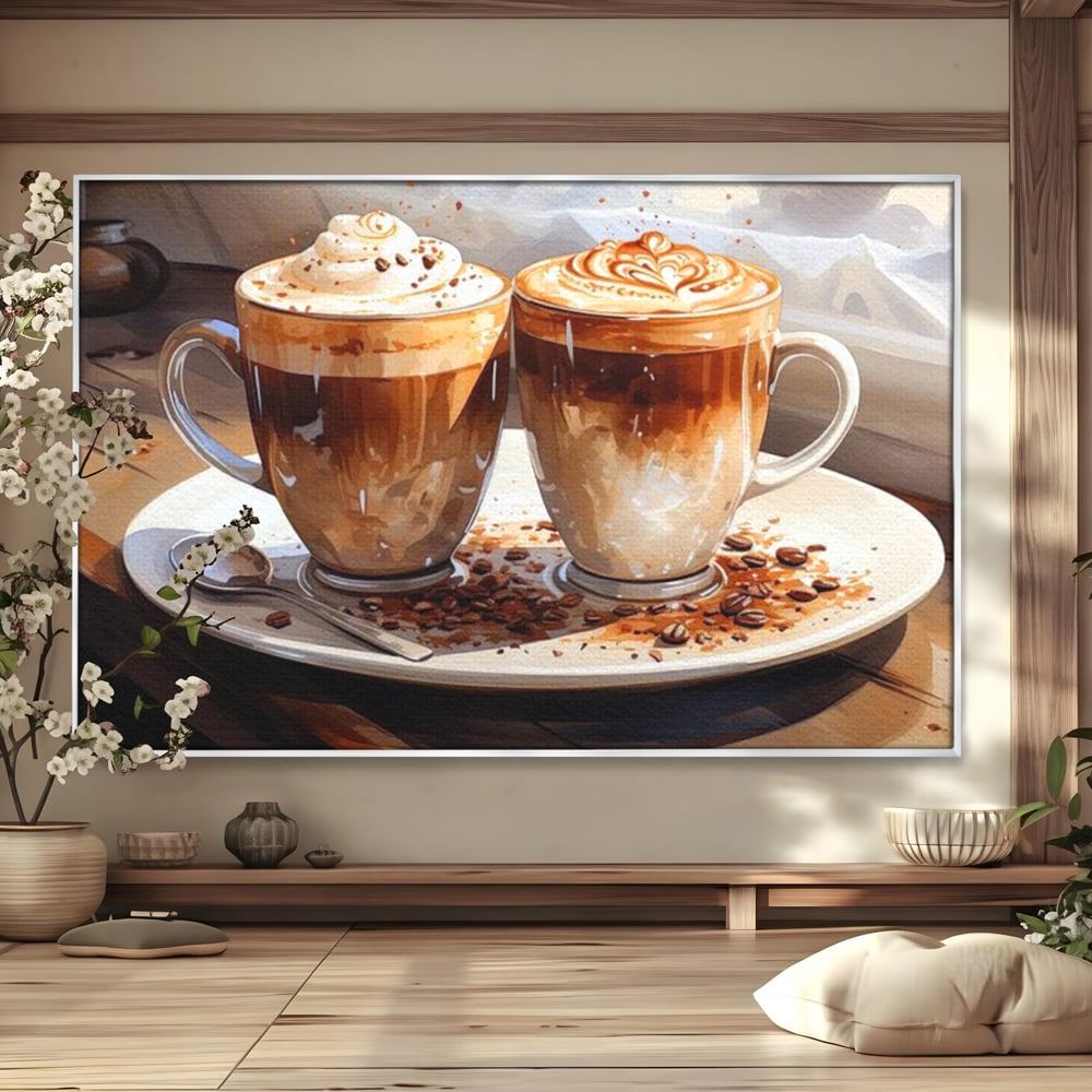 Tablou Canvas Premium, LuxCanva® N1017, Note Dulci-Amarui, Cafea, Cesti, Mocha, Lingurita, Frisca, Spuma, Cappuccino, Aroma, Barista, Cafenea, Pub, Lounge, Bar, Restaurant, Bucatarie