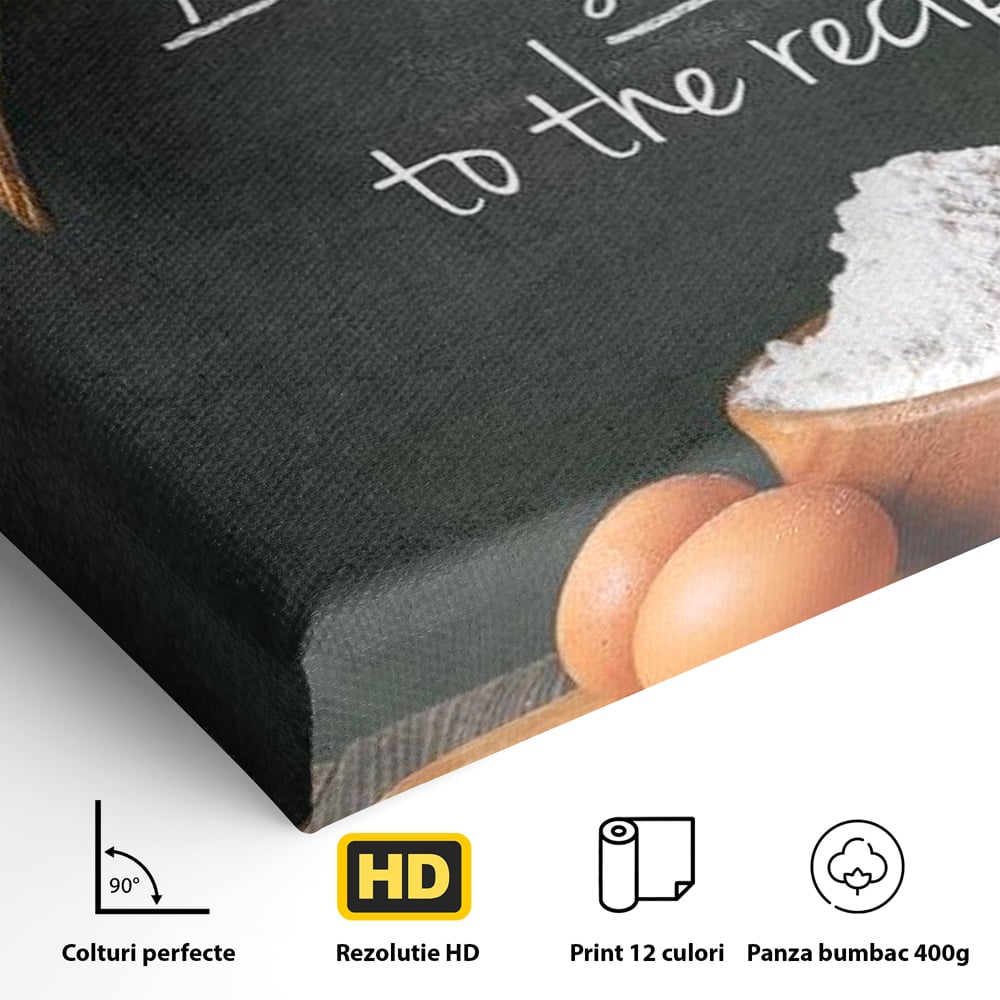 Leinwand Premium Canvas Wall Art, LuxCanva® N1018, Rezepte aus dem Herzen, Gastronomie, Kochen, Zitat, Lebensmittel, Zutaten, Mehl, Kulinarische Kunst, Rustikal, Gemütlich, Motivierend, Restaurant, Küche