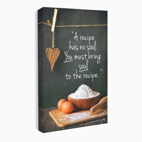 Leinwand Premium Canvas Wall Art, LuxCanva® N1018, Rezepte aus dem Herzen, Gastronomie, Kochen, Zitat, Lebensmittel, Zutaten, Mehl, Kulinarische Kunst, Rustikal, Gemütlich, Motivierend, Restaurant, Küche