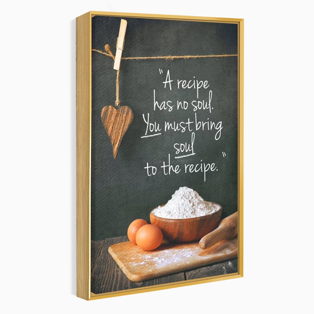 Leinwand Premium Canvas Wall Art, LuxCanva® N1018, Rezepte aus dem Herzen, Gastronomie, Kochen, Zitat, Lebensmittel, Zutaten, Mehl, Kulinarische Kunst, Rustikal, Gemütlich, Motivierend, Restaurant, Küche