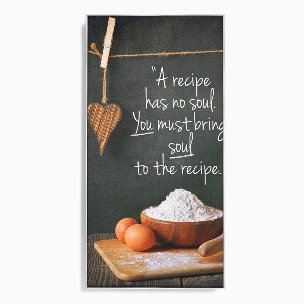 Leinwand Premium Canvas Wall Art, LuxCanva® N1018, Rezepte aus dem Herzen, Gastronomie, Kochen, Zitat, Lebensmittel, Zutaten, Mehl, Kulinarische Kunst, Rustikal, Gemütlich, Motivierend, Restaurant, Küche