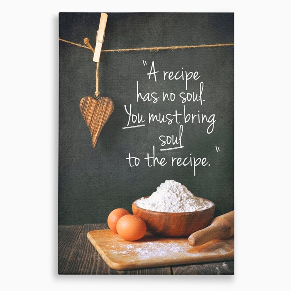 Leinwand Premium Canvas Wall Art, LuxCanva® N1018, Rezepte aus dem Herzen, Gastronomie, Kochen, Zitat, Lebensmittel, Zutaten, Mehl, Kulinarische Kunst, Rustikal, Gemütlich, Motivierend, Restaurant, Küche