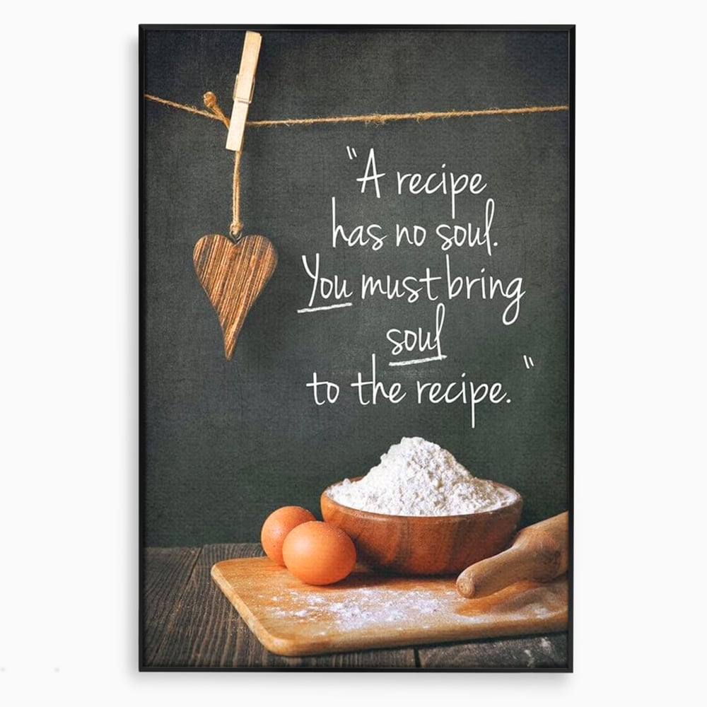 Leinwand Premium Canvas Wall Art, LuxCanva® N1018, Rezepte aus dem Herzen, Gastronomie, Kochen, Zitat, Lebensmittel, Zutaten, Mehl, Kulinarische Kunst, Rustikal, Gemütlich, Motivierend, Restaurant, Küche