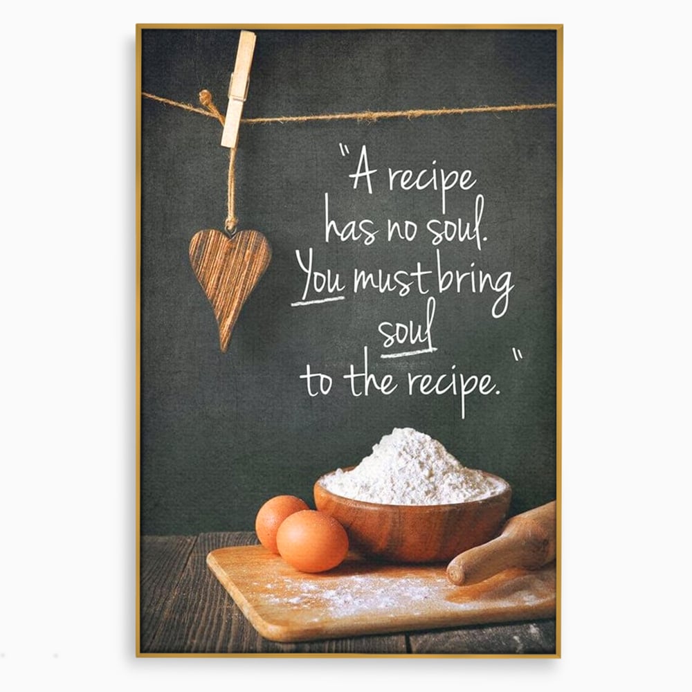 Leinwand Premium Canvas Wall Art, LuxCanva® N1018, Rezepte aus dem Herzen, Gastronomie, Kochen, Zitat, Lebensmittel, Zutaten, Mehl, Kulinarische Kunst, Rustikal, Gemütlich, Motivierend, Restaurant, Küche