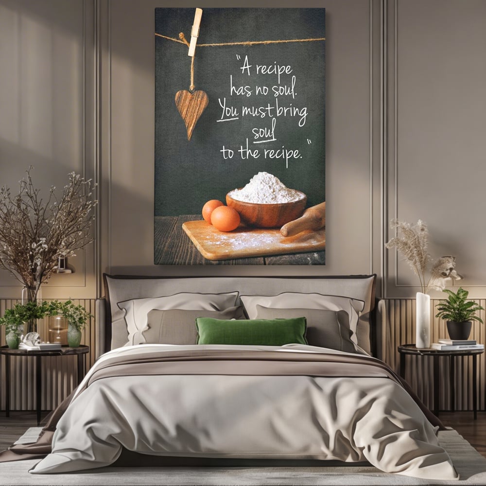 Leinwand Premium Canvas Wall Art, LuxCanva® N1018, Rezepte aus dem Herzen, Gastronomie, Kochen, Zitat, Lebensmittel, Zutaten, Mehl, Kulinarische Kunst, Rustikal, Gemütlich, Motivierend, Restaurant, Küche