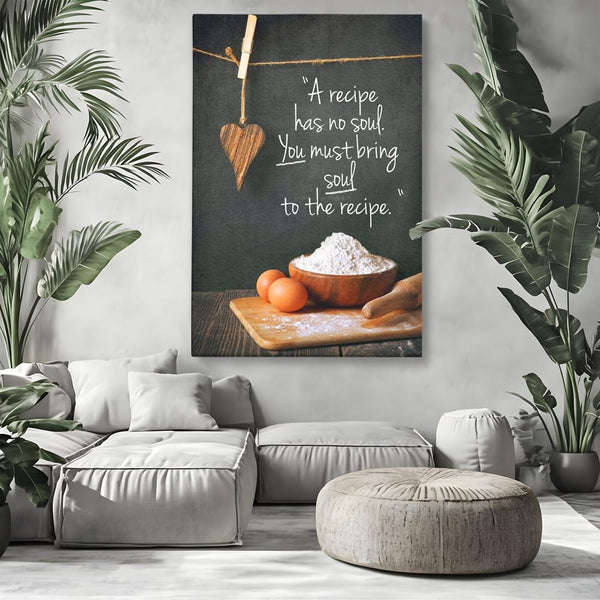 Leinwand Premium Canvas Wall Art, LuxCanva® N1018, Rezepte aus dem Herzen, Gastronomie, Kochen, Zitat, Lebensmittel, Zutaten, Mehl, Kulinarische Kunst, Rustikal, Gemütlich, Motivierend, Restaurant, Küche