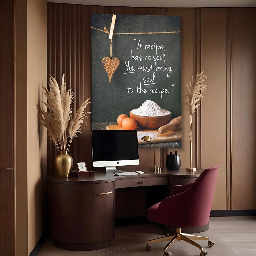 Leinwand Premium Canvas Wall Art, LuxCanva® N1018, Rezepte aus dem Herzen, Gastronomie, Kochen, Zitat, Lebensmittel, Zutaten, Mehl, Kulinarische Kunst, Rustikal, Gemütlich, Motivierend, Restaurant, Küche