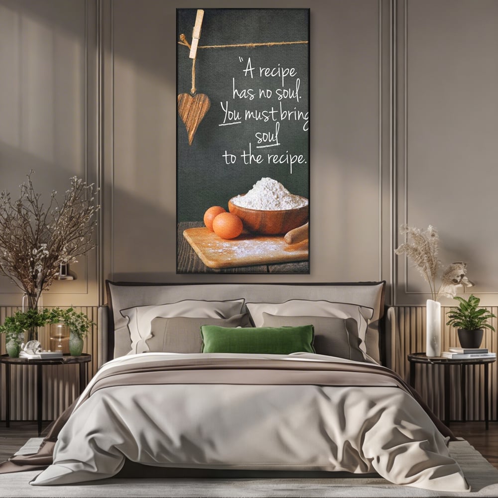 Leinwand Premium Canvas Wall Art, LuxCanva® N1018, Rezepte aus dem Herzen, Gastronomie, Kochen, Zitat, Lebensmittel, Zutaten, Mehl, Kulinarische Kunst, Rustikal, Gemütlich, Motivierend, Restaurant, Küche