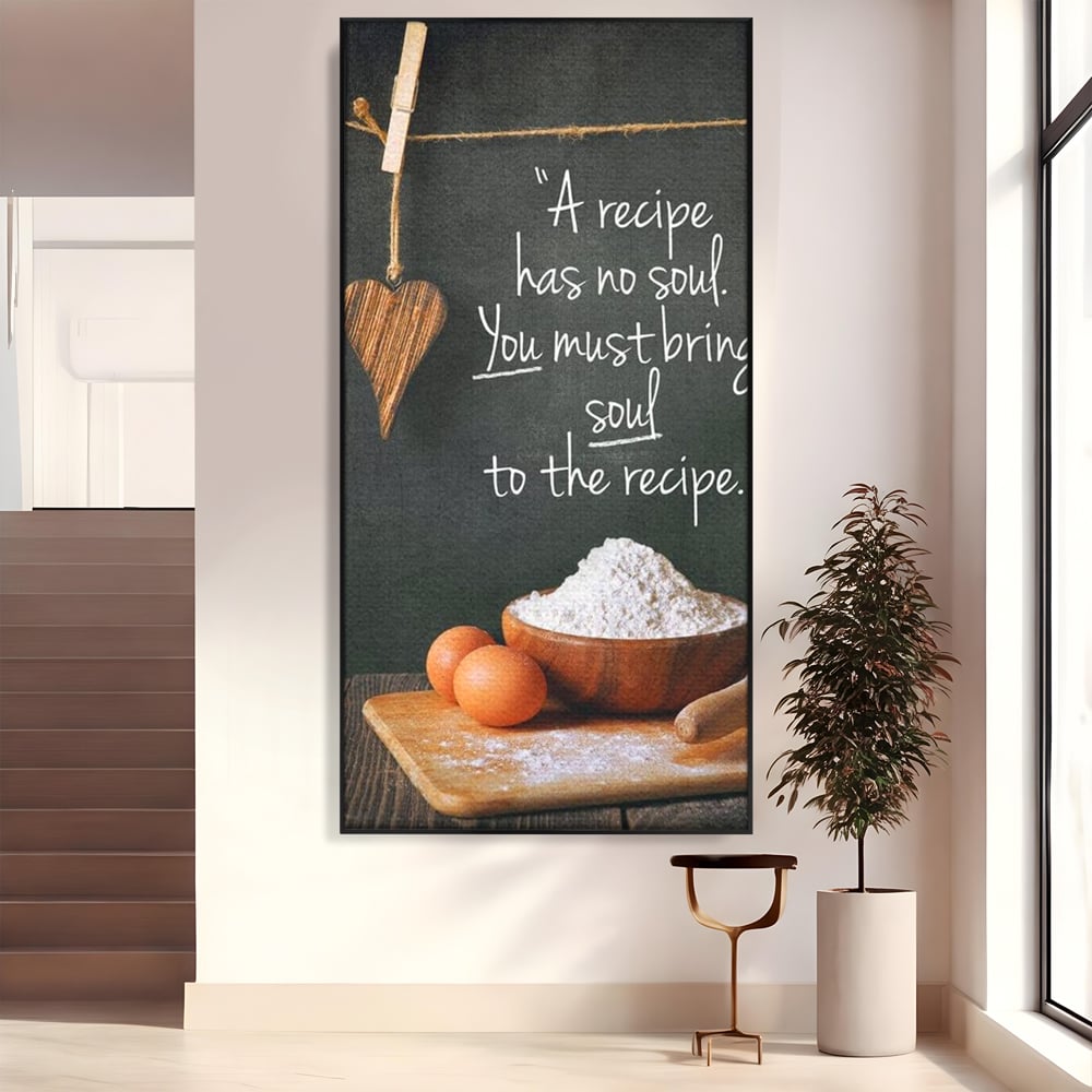 Leinwand Premium Canvas Wall Art, LuxCanva® N1018, Rezepte aus dem Herzen, Gastronomie, Kochen, Zitat, Lebensmittel, Zutaten, Mehl, Kulinarische Kunst, Rustikal, Gemütlich, Motivierend, Restaurant, Küche