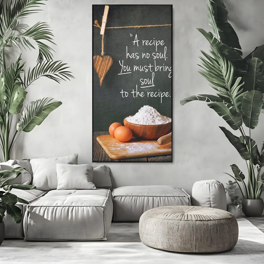 Leinwand Premium Canvas Wall Art, LuxCanva® N1018, Rezepte aus dem Herzen, Gastronomie, Kochen, Zitat, Lebensmittel, Zutaten, Mehl, Kulinarische Kunst, Rustikal, Gemütlich, Motivierend, Restaurant, Küche