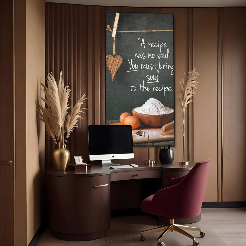 Leinwand Premium Canvas Wall Art, LuxCanva® N1018, Rezepte aus dem Herzen, Gastronomie, Kochen, Zitat, Lebensmittel, Zutaten, Mehl, Kulinarische Kunst, Rustikal, Gemütlich, Motivierend, Restaurant, Küche