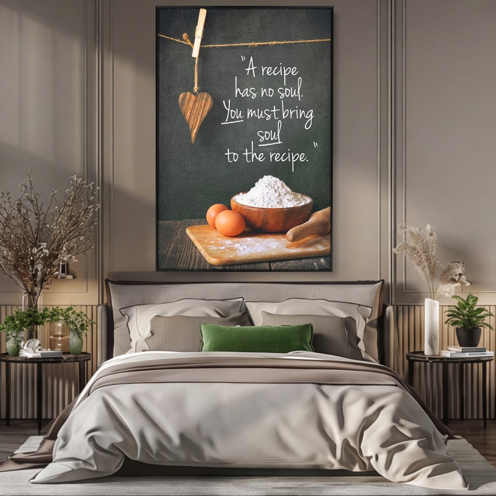 Leinwand Premium Canvas Wall Art, LuxCanva® N1018, Rezepte aus dem Herzen, Gastronomie, Kochen, Zitat, Lebensmittel, Zutaten, Mehl, Kulinarische Kunst, Rustikal, Gemütlich, Motivierend, Restaurant, Küche