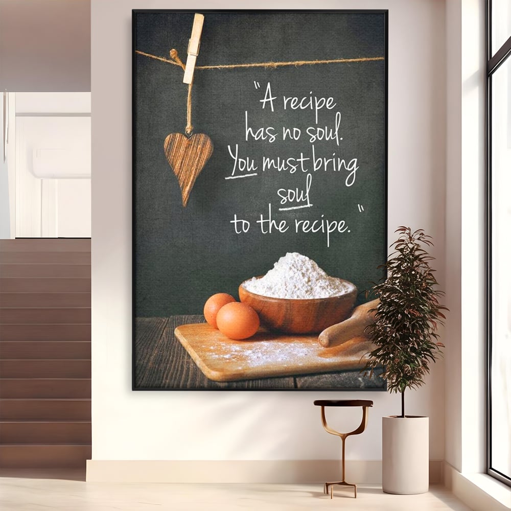 Leinwand Premium Canvas Wall Art, LuxCanva® N1018, Rezepte aus dem Herzen, Gastronomie, Kochen, Zitat, Lebensmittel, Zutaten, Mehl, Kulinarische Kunst, Rustikal, Gemütlich, Motivierend, Restaurant, Küche