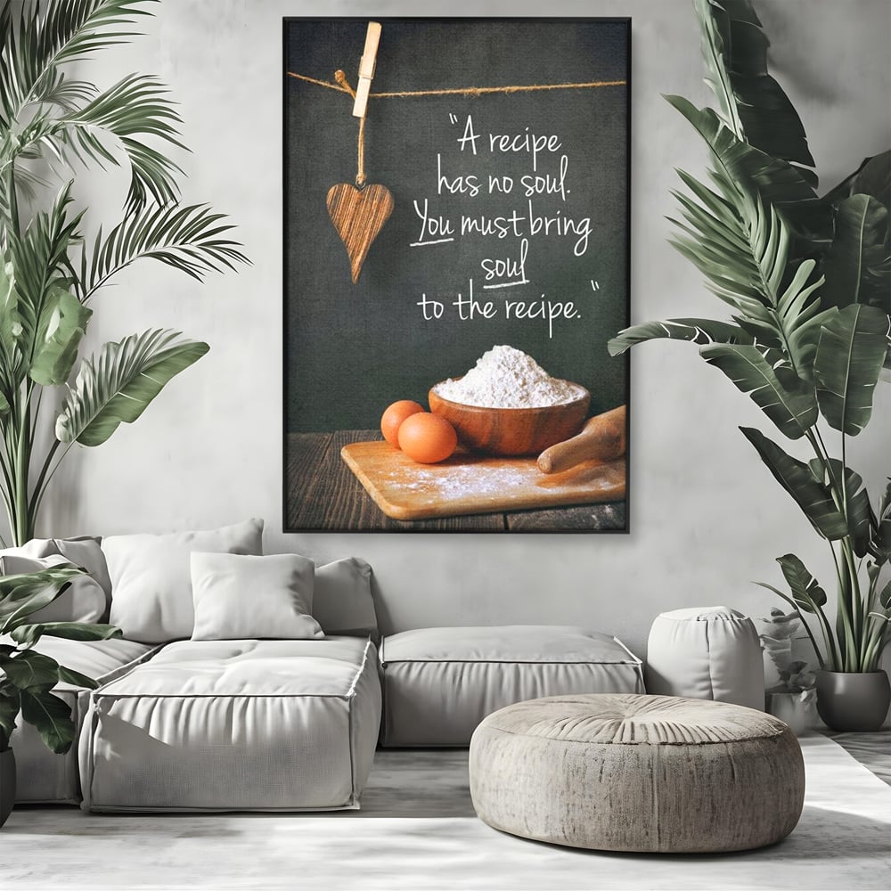 Leinwand Premium Canvas Wall Art, LuxCanva® N1018, Rezepte aus dem Herzen, Gastronomie, Kochen, Zitat, Lebensmittel, Zutaten, Mehl, Kulinarische Kunst, Rustikal, Gemütlich, Motivierend, Restaurant, Küche