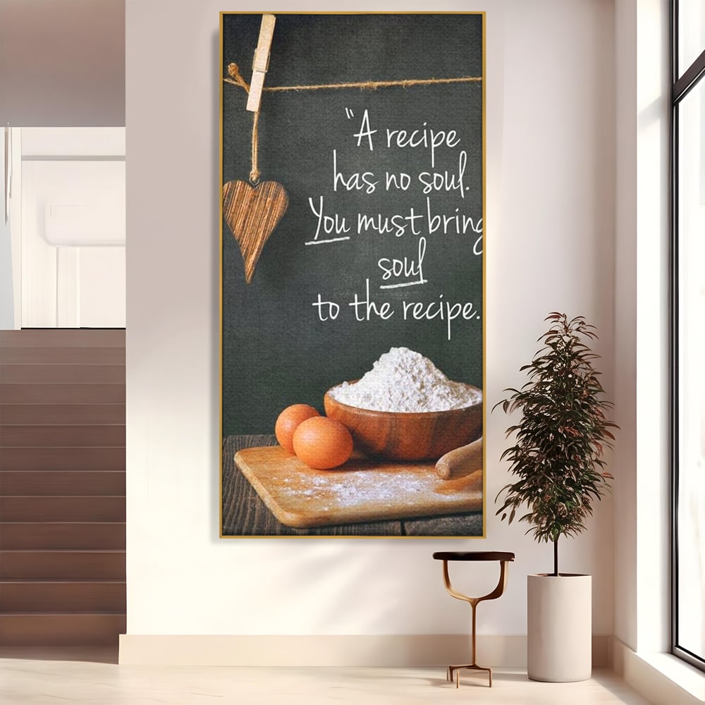 Leinwand Premium Canvas Wall Art, LuxCanva® N1018, Rezepte aus dem Herzen, Gastronomie, Kochen, Zitat, Lebensmittel, Zutaten, Mehl, Kulinarische Kunst, Rustikal, Gemütlich, Motivierend, Restaurant, Küche