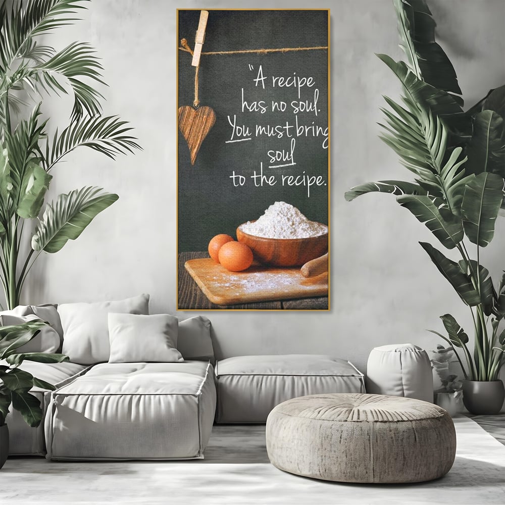 Leinwand Premium Canvas Wall Art, LuxCanva® N1018, Rezepte aus dem Herzen, Gastronomie, Kochen, Zitat, Lebensmittel, Zutaten, Mehl, Kulinarische Kunst, Rustikal, Gemütlich, Motivierend, Restaurant, Küche