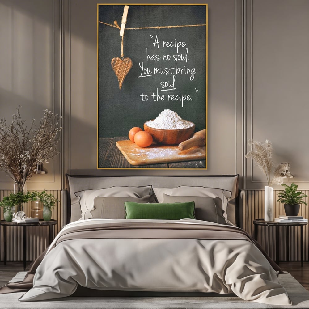 Leinwand Premium Canvas Wall Art, LuxCanva® N1018, Rezepte aus dem Herzen, Gastronomie, Kochen, Zitat, Lebensmittel, Zutaten, Mehl, Kulinarische Kunst, Rustikal, Gemütlich, Motivierend, Restaurant, Küche