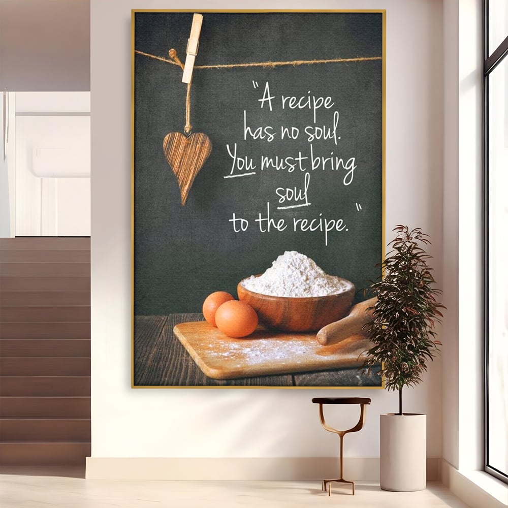 Leinwand Premium Canvas Wall Art, LuxCanva® N1018, Rezepte aus dem Herzen, Gastronomie, Kochen, Zitat, Lebensmittel, Zutaten, Mehl, Kulinarische Kunst, Rustikal, Gemütlich, Motivierend, Restaurant, Küche