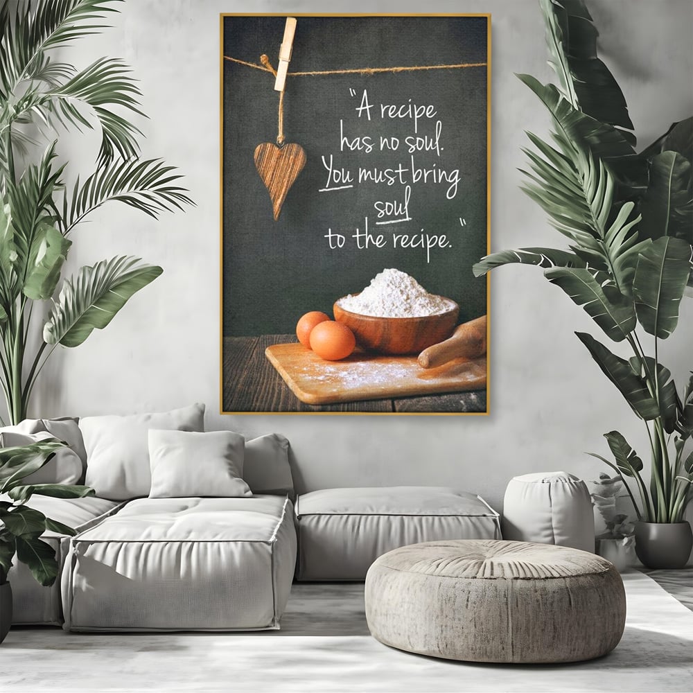 Leinwand Premium Canvas Wall Art, LuxCanva® N1018, Rezepte aus dem Herzen, Gastronomie, Kochen, Zitat, Lebensmittel, Zutaten, Mehl, Kulinarische Kunst, Rustikal, Gemütlich, Motivierend, Restaurant, Küche