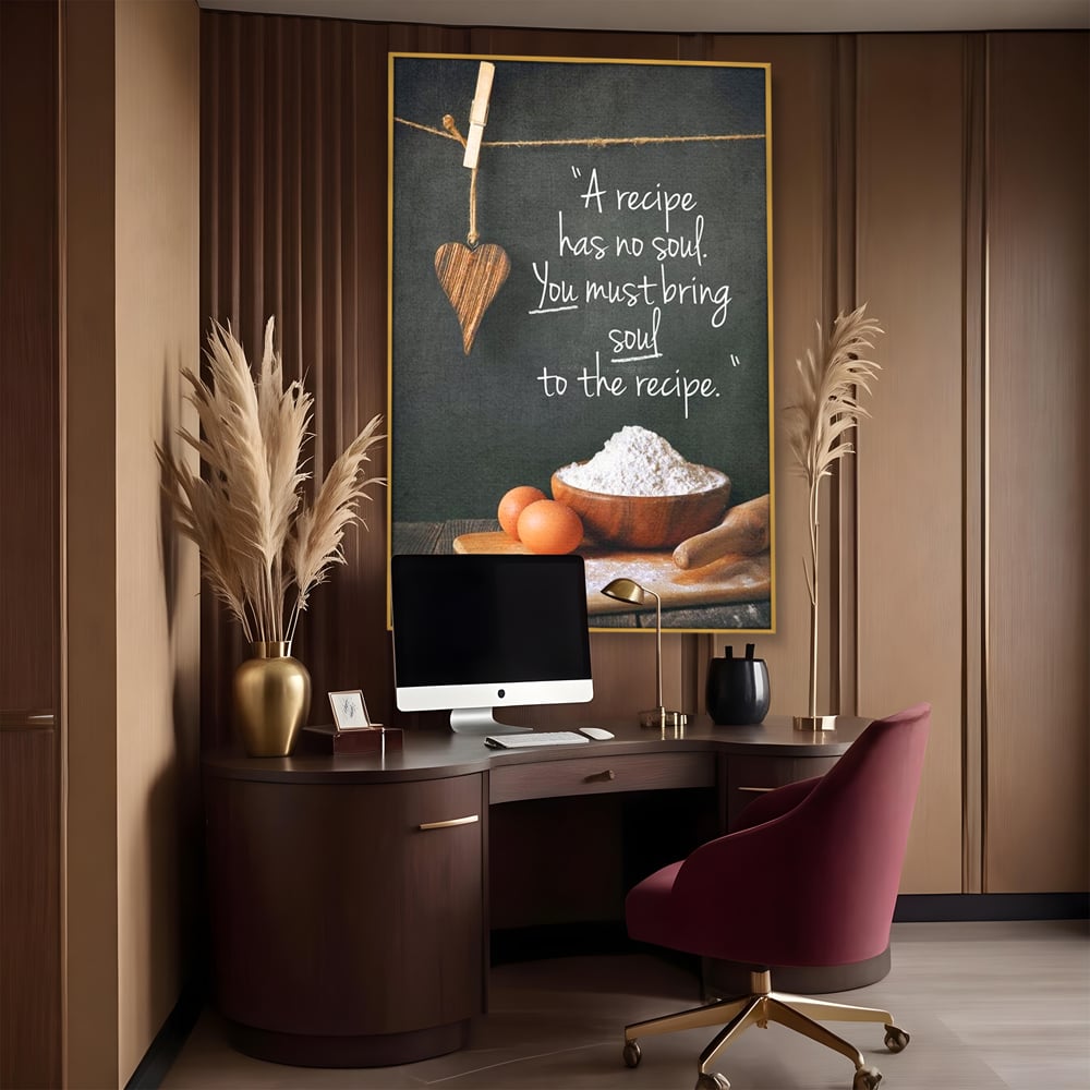 Leinwand Premium Canvas Wall Art, LuxCanva® N1018, Rezepte aus dem Herzen, Gastronomie, Kochen, Zitat, Lebensmittel, Zutaten, Mehl, Kulinarische Kunst, Rustikal, Gemütlich, Motivierend, Restaurant, Küche