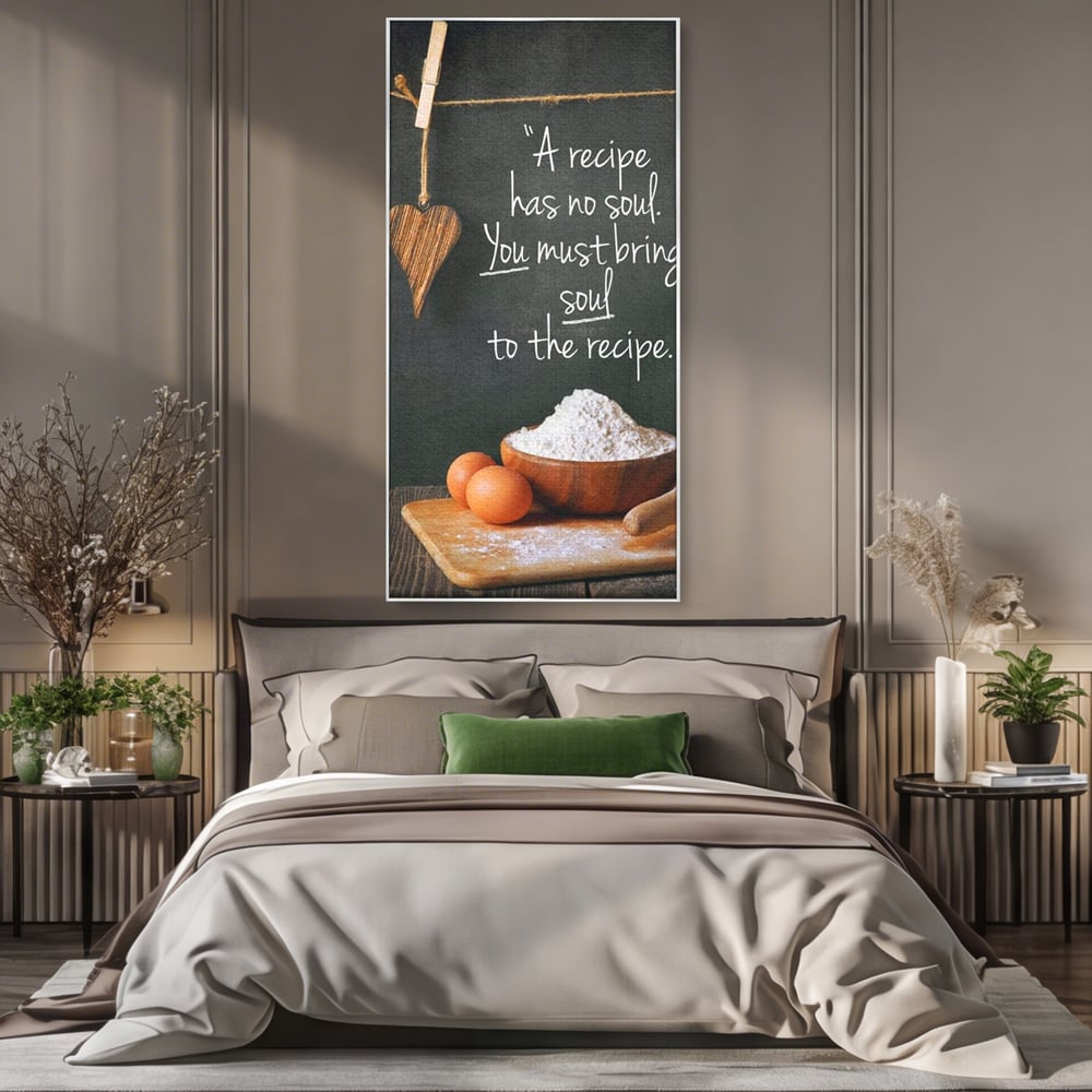 Leinwand Premium Canvas Wall Art, LuxCanva® N1018, Rezepte aus dem Herzen, Gastronomie, Kochen, Zitat, Lebensmittel, Zutaten, Mehl, Kulinarische Kunst, Rustikal, Gemütlich, Motivierend, Restaurant, Küche