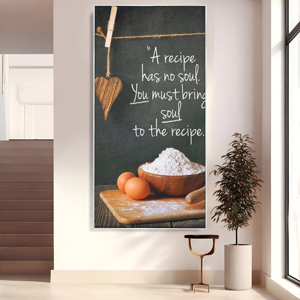 Leinwand Premium Canvas Wall Art, LuxCanva® N1018, Rezepte aus dem Herzen, Gastronomie, Kochen, Zitat, Lebensmittel, Zutaten, Mehl, Kulinarische Kunst, Rustikal, Gemütlich, Motivierend, Restaurant, Küche