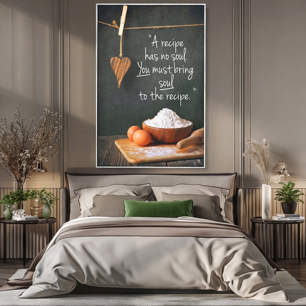 Leinwand Premium Canvas Wall Art, LuxCanva® N1018, Rezepte aus dem Herzen, Gastronomie, Kochen, Zitat, Lebensmittel, Zutaten, Mehl, Kulinarische Kunst, Rustikal, Gemütlich, Motivierend, Restaurant, Küche