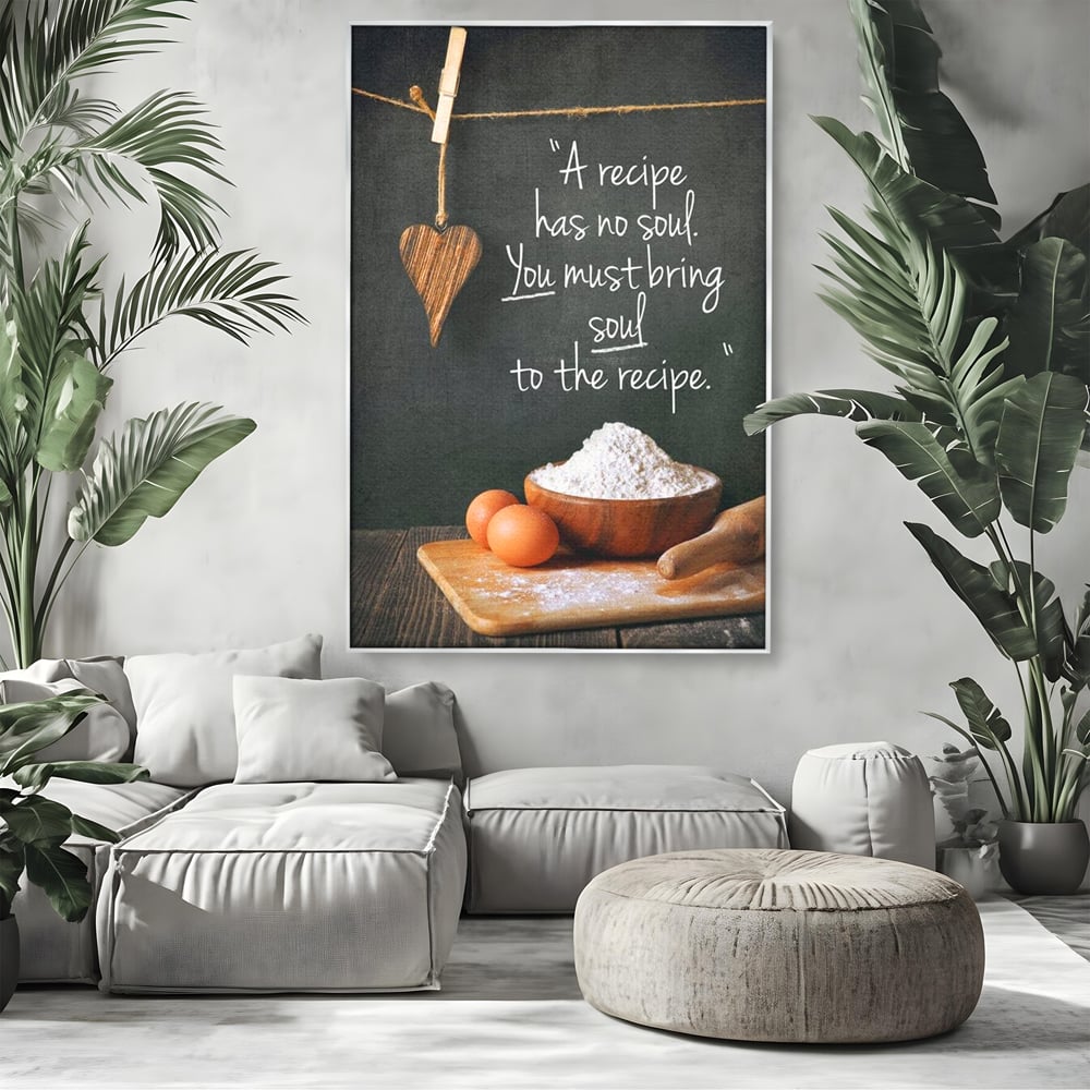 Leinwand Premium Canvas Wall Art, LuxCanva® N1018, Rezepte aus dem Herzen, Gastronomie, Kochen, Zitat, Lebensmittel, Zutaten, Mehl, Kulinarische Kunst, Rustikal, Gemütlich, Motivierend, Restaurant, Küche