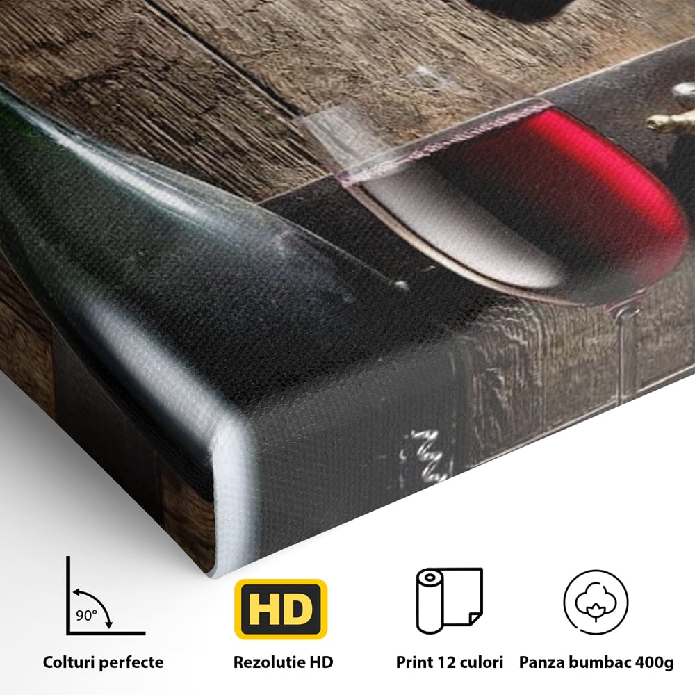 Tablou Canvas Premium, LuxCanva® N1019, Traditie in Lemn si Vin, Vin Rosu, Pahar, Sticla, Butoi, Crama, Rustic, Vintage, Bautura, Autentic, Pub, Lounge, Bar, Restaurant, Bucatarie