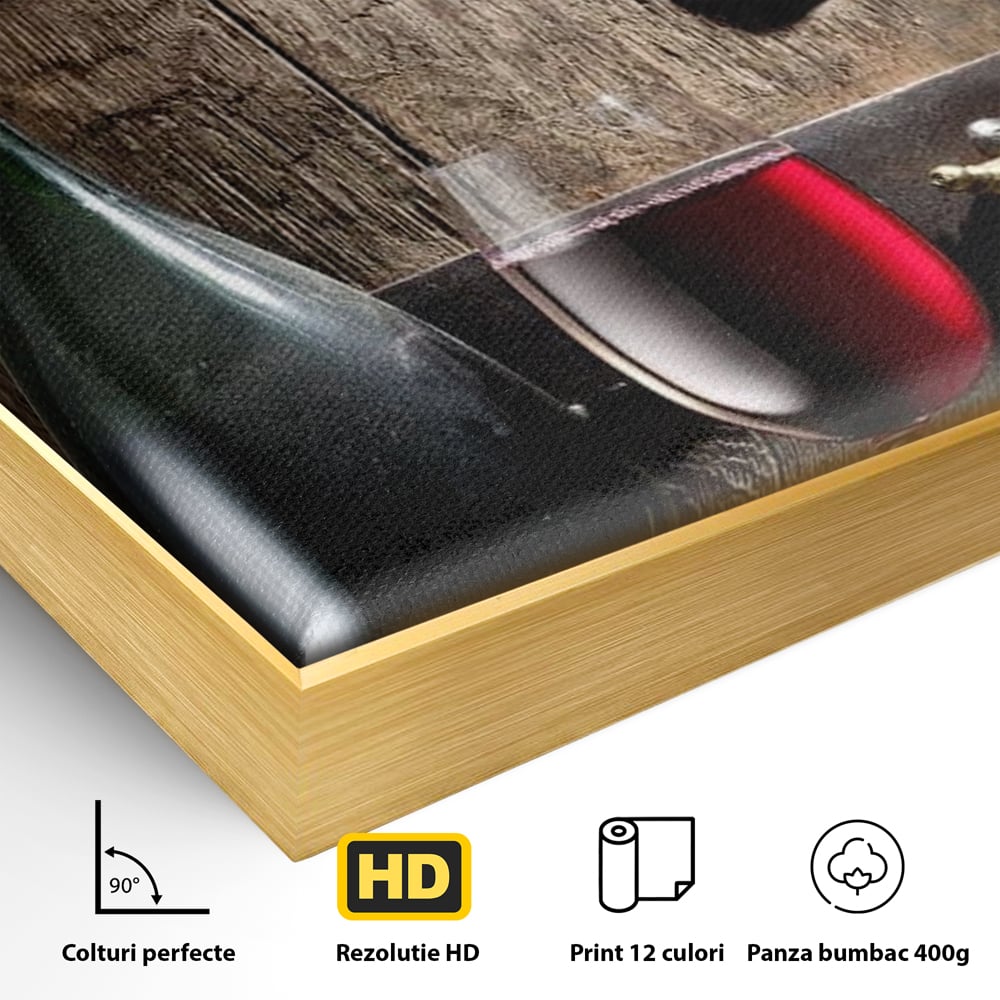 Tablou Canvas Premium, LuxCanva® N1019, Traditie in Lemn si Vin, Vin Rosu, Pahar, Sticla, Butoi, Crama, Rustic, Vintage, Bautura, Autentic, Pub, Lounge, Bar, Restaurant, Bucatarie