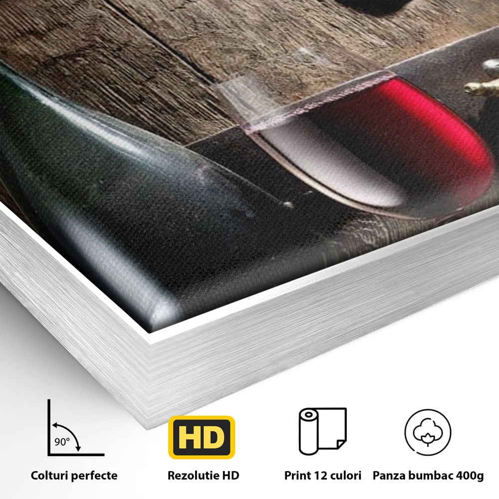 Tablou Canvas Premium, LuxCanva® N1019, Traditie in Lemn si Vin, Vin Rosu, Pahar, Sticla, Butoi, Crama, Rustic, Vintage, Bautura, Autentic, Pub, Lounge, Bar, Restaurant, Bucatarie
