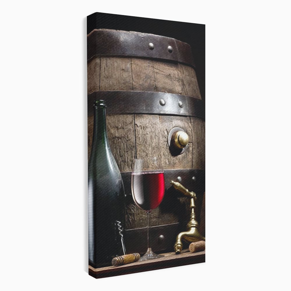 Tablou Canvas Premium, LuxCanva® N1019, Traditie in Lemn si Vin, Vin Rosu, Pahar, Sticla, Butoi, Crama, Rustic, Vintage, Bautura, Autentic, Pub, Lounge, Bar, Restaurant, Bucatarie