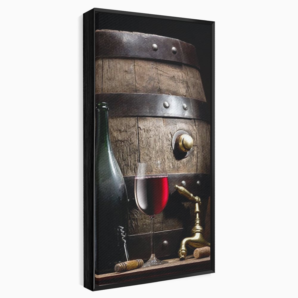 Tablou Canvas Premium, LuxCanva® N1019, Traditie in Lemn si Vin, Vin Rosu, Pahar, Sticla, Butoi, Crama, Rustic, Vintage, Bautura, Autentic, Pub, Lounge, Bar, Restaurant, Bucatarie