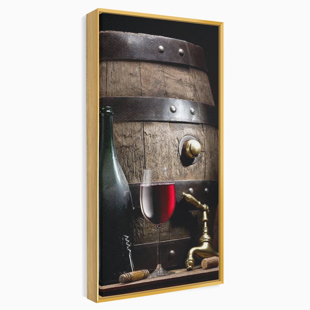 Tablou Canvas Premium, LuxCanva® N1019, Traditie in Lemn si Vin, Vin Rosu, Pahar, Sticla, Butoi, Crama, Rustic, Vintage, Bautura, Autentic, Pub, Lounge, Bar, Restaurant, Bucatarie