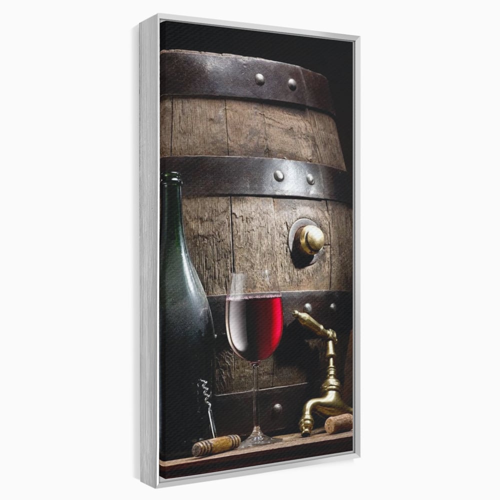 Tablou Canvas Premium, LuxCanva® N1019, Traditie in Lemn si Vin, Vin Rosu, Pahar, Sticla, Butoi, Crama, Rustic, Vintage, Bautura, Autentic, Pub, Lounge, Bar, Restaurant, Bucatarie
