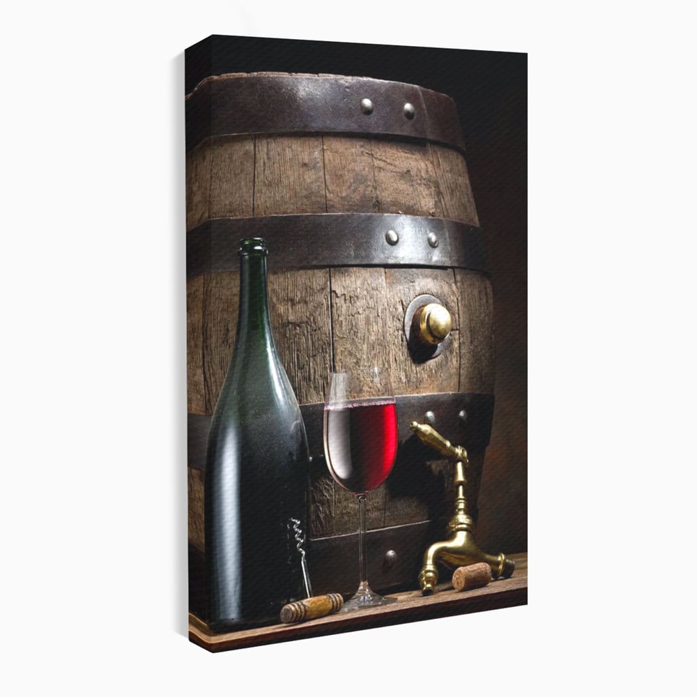 Tablou Canvas Premium, LuxCanva® N1019, Traditie in Lemn si Vin, Vin Rosu, Pahar, Sticla, Butoi, Crama, Rustic, Vintage, Bautura, Autentic, Pub, Lounge, Bar, Restaurant, Bucatarie
