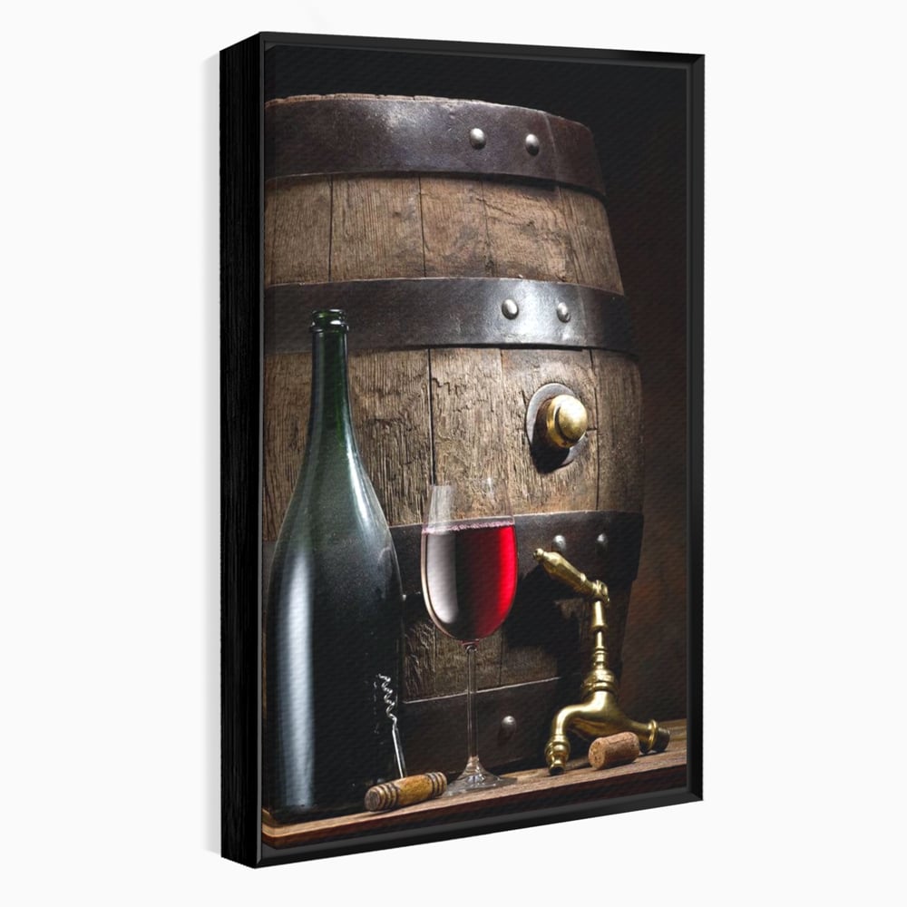 Tablou Canvas Premium, LuxCanva® N1019, Traditie in Lemn si Vin, Vin Rosu, Pahar, Sticla, Butoi, Crama, Rustic, Vintage, Bautura, Autentic, Pub, Lounge, Bar, Restaurant, Bucatarie