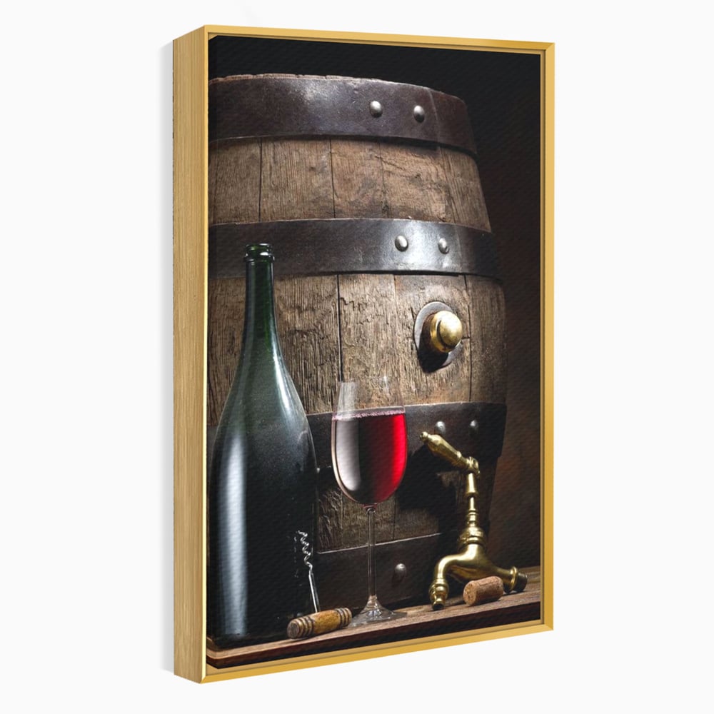 Tablou Canvas Premium, LuxCanva® N1019, Traditie in Lemn si Vin, Vin Rosu, Pahar, Sticla, Butoi, Crama, Rustic, Vintage, Bautura, Autentic, Pub, Lounge, Bar, Restaurant, Bucatarie