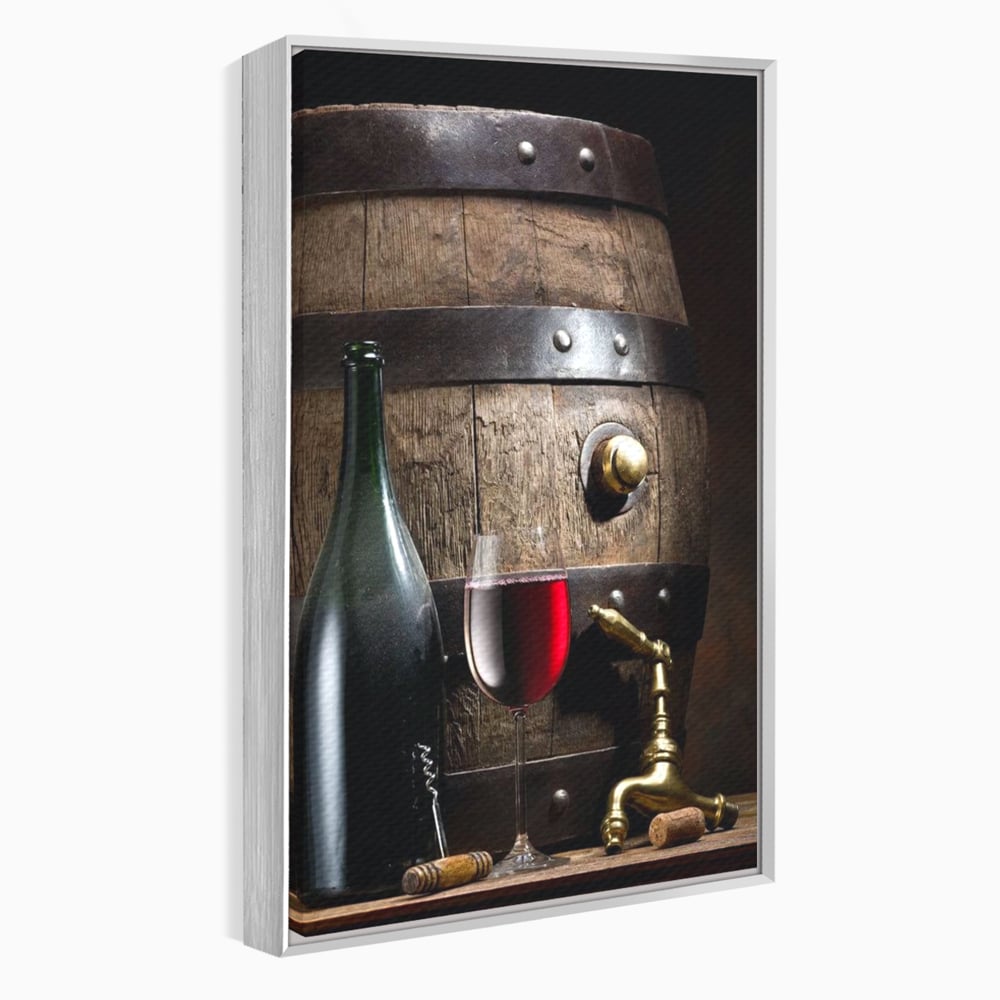 Tablou Canvas Premium, LuxCanva® N1019, Traditie in Lemn si Vin, Vin Rosu, Pahar, Sticla, Butoi, Crama, Rustic, Vintage, Bautura, Autentic, Pub, Lounge, Bar, Restaurant, Bucatarie