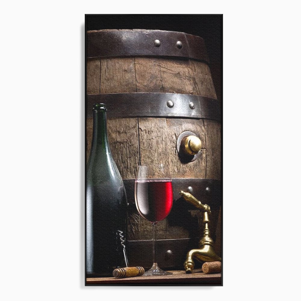 Tablou Canvas Premium, LuxCanva® N1019, Traditie in Lemn si Vin, Vin Rosu, Pahar, Sticla, Butoi, Crama, Rustic, Vintage, Bautura, Autentic, Pub, Lounge, Bar, Restaurant, Bucatarie