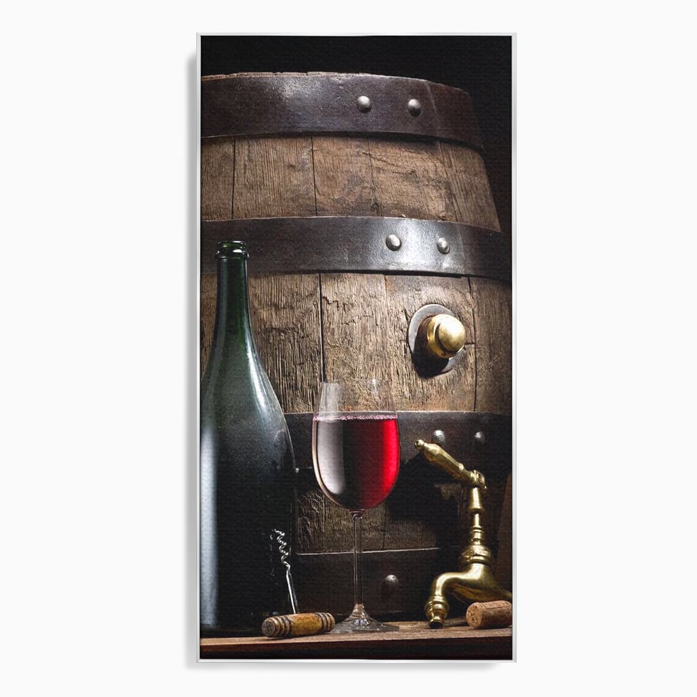 Tablou Canvas Premium, LuxCanva® N1019, Traditie in Lemn si Vin, Vin Rosu, Pahar, Sticla, Butoi, Crama, Rustic, Vintage, Bautura, Autentic, Pub, Lounge, Bar, Restaurant, Bucatarie