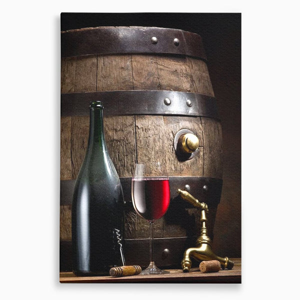 Tablou Canvas Premium, LuxCanva® N1019, Traditie in Lemn si Vin, Vin Rosu, Pahar, Sticla, Butoi, Crama, Rustic, Vintage, Bautura, Autentic, Pub, Lounge, Bar, Restaurant, Bucatarie