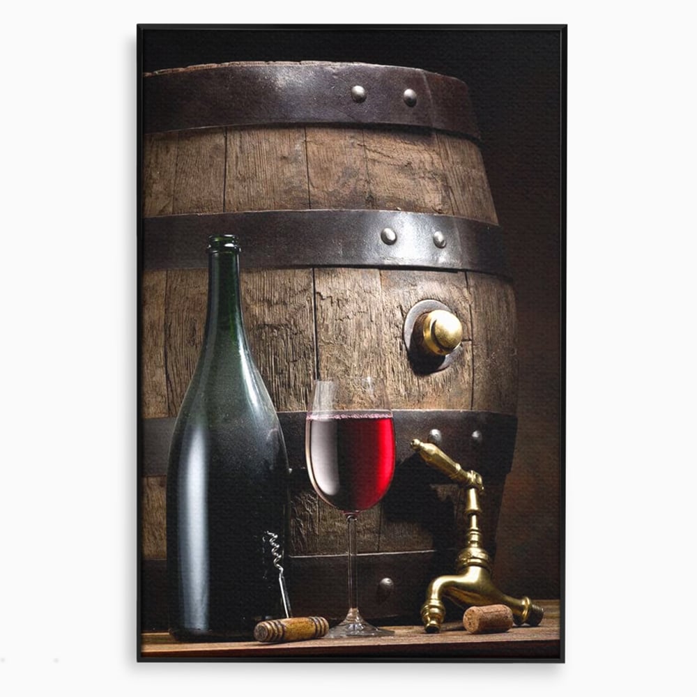 Tablou Canvas Premium, LuxCanva® N1019, Traditie in Lemn si Vin, Vin Rosu, Pahar, Sticla, Butoi, Crama, Rustic, Vintage, Bautura, Autentic, Pub, Lounge, Bar, Restaurant, Bucatarie
